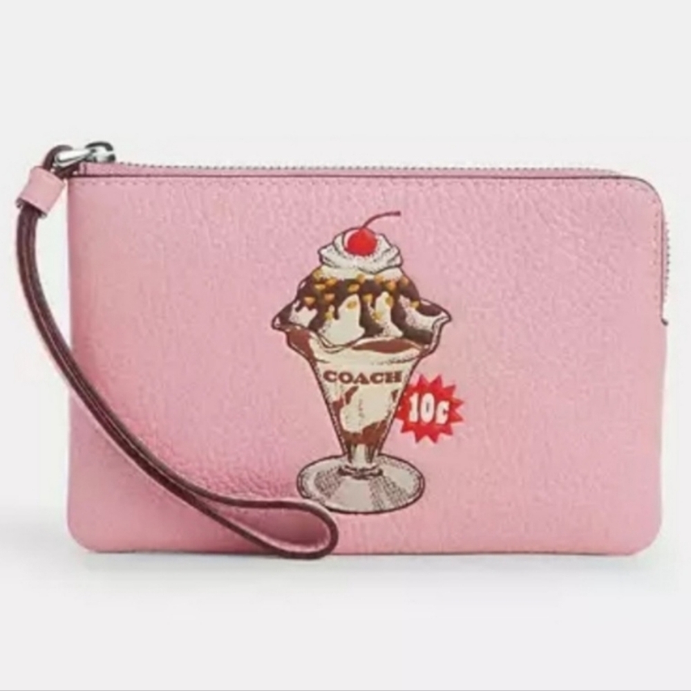 COACH Corner Zip Wristlet In Signature Canvas with Ice Cream Print In Pink
